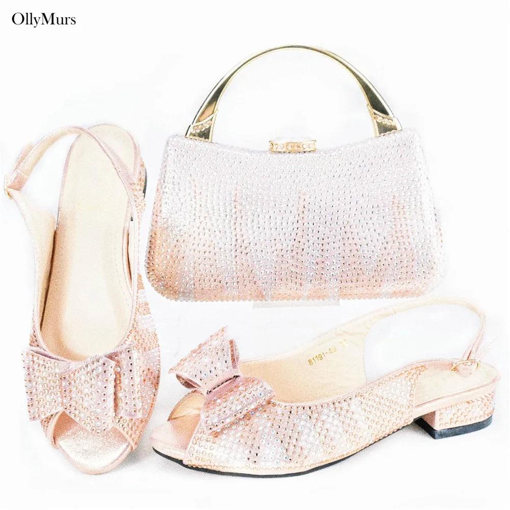 Autumn Fashion PU With Rhinestone Woman Sandal Shoes And Bag Set Elegant Low Heels Shoes And Bag To Match Set For Party - So Real Fashion