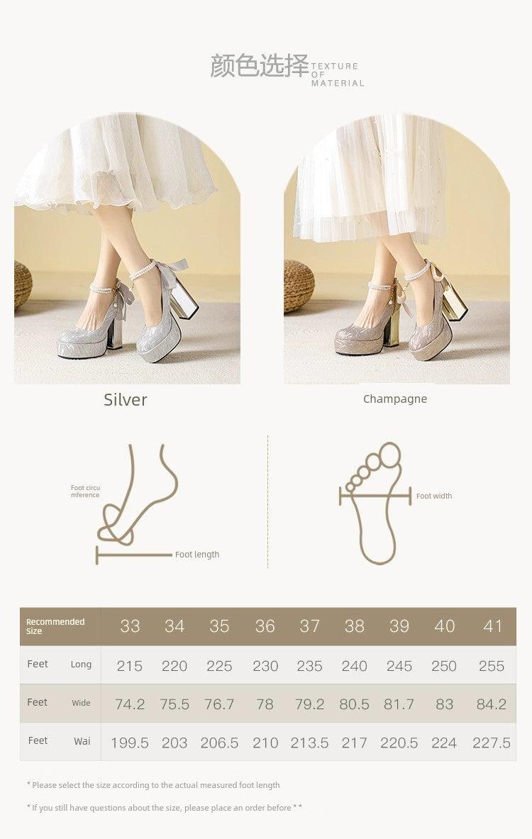 Waterproof Platform Super High Heels Chunky Heel Champagne Bridesmaid Wedding Shoes Short Music Strap Pearl Grace Flats - So Real Fashion