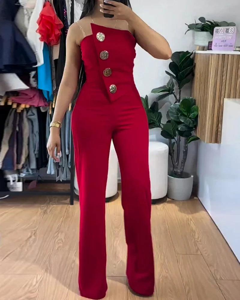 Asymmetrical Bandeau Strapless Jumpsuit Metal Button Decor Casual Overalls - So Real Fashion