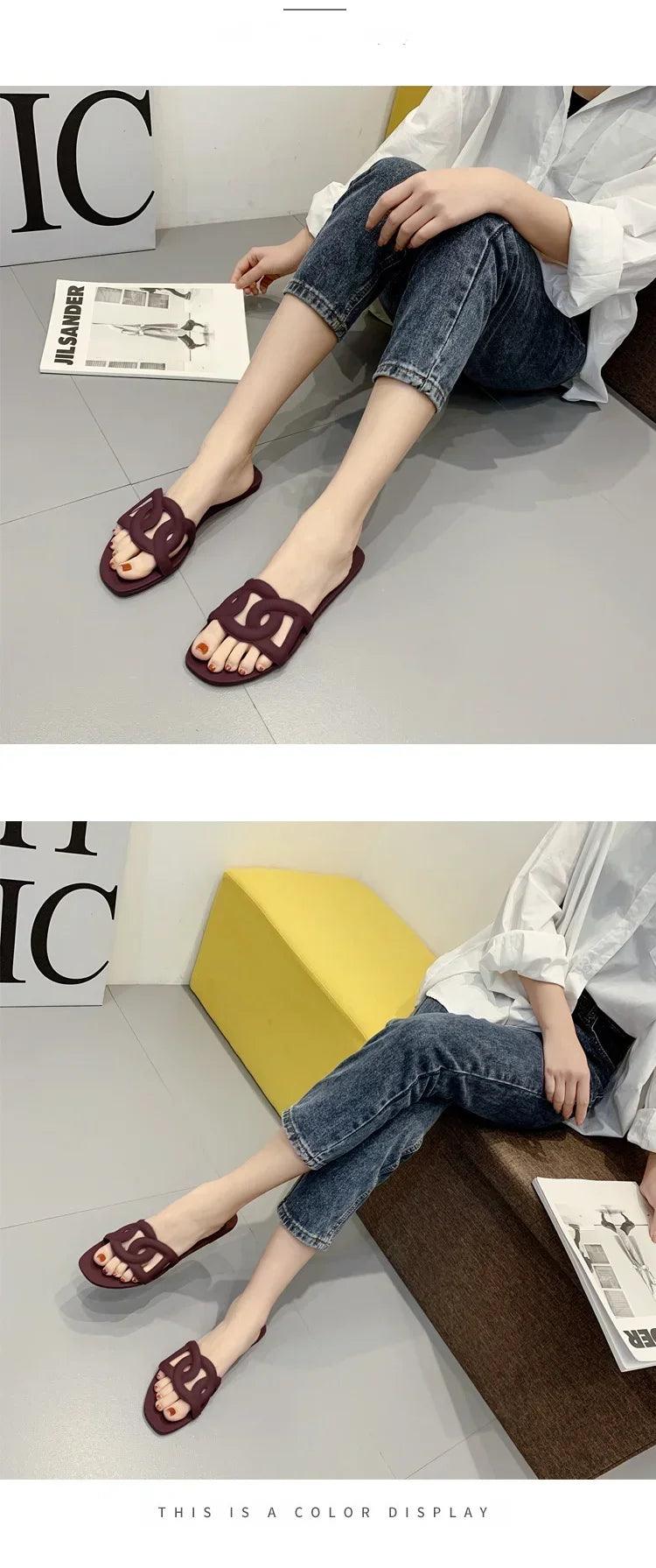 2025 New Women's Slippers Pig Nose Flat Jelly Slippers Women Open Toe One-Word Drag Net Infrared Wear Beach Sandals - So Real Fashion