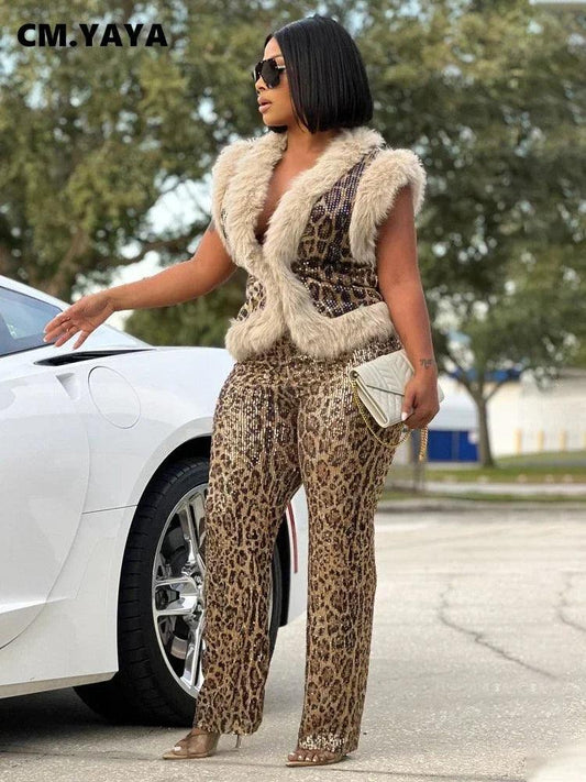 Women's Set Sleeveless Fur Leopard Sequined V-neck Wool Vest and Pant Suits 2024 Street Two 2 Piece Set Outfit Tracksuit - So Real Fashion