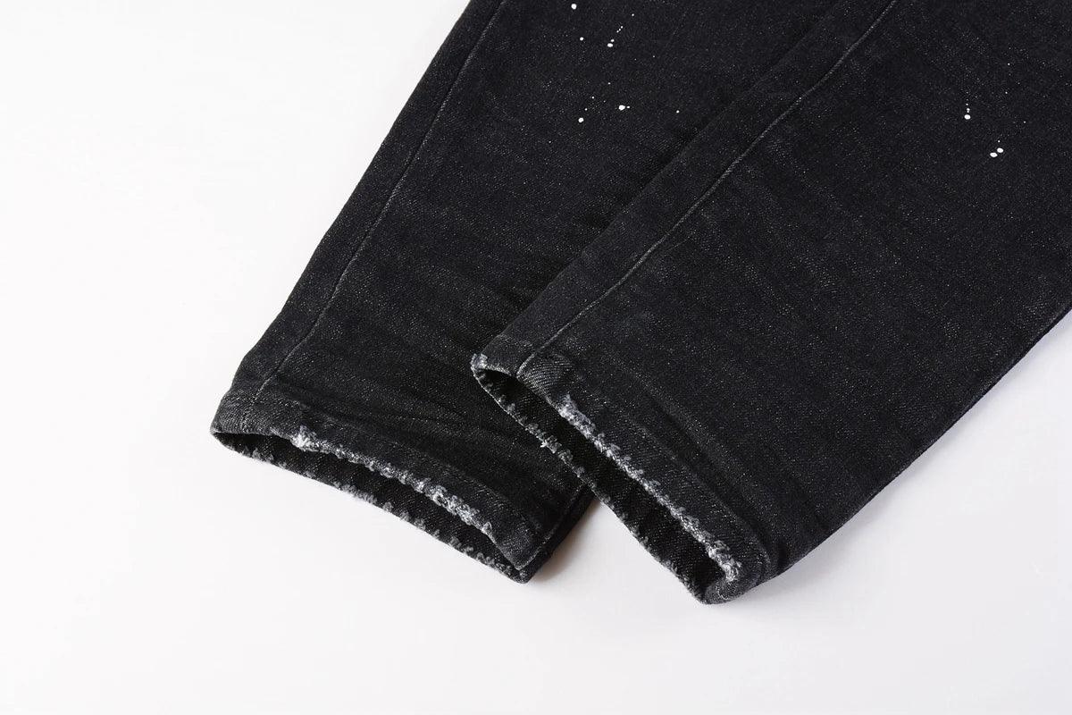 Purples Jeans Men Fashion high quality High Street Black Paint Dot Knife Cut Hole Repair Low Rise Skinny Denim brand Pants - So Real Fashion