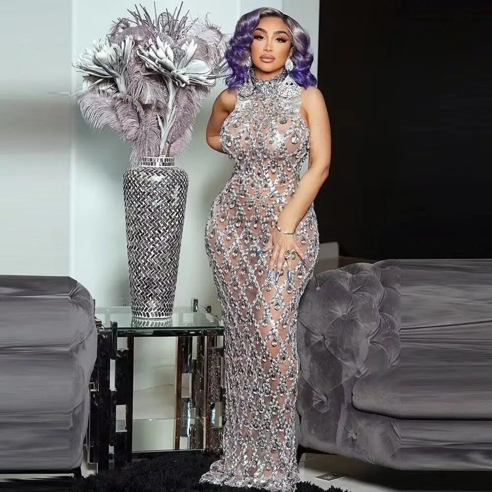 Rhinestone Birthday Dress Evening Prom Birthday Dress Transparent Performance Singer Club Host Dress - So Real Fashion