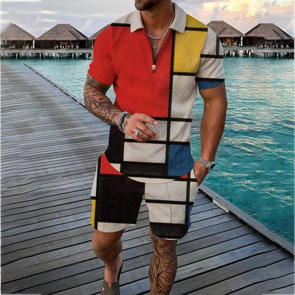 Summer Men's Sports Patchwork Pattern Short Sleeve Stylish Zipper Polo Shirt And Shorts Set Men's Casual Streetwear 2-pie - So Real Fashion