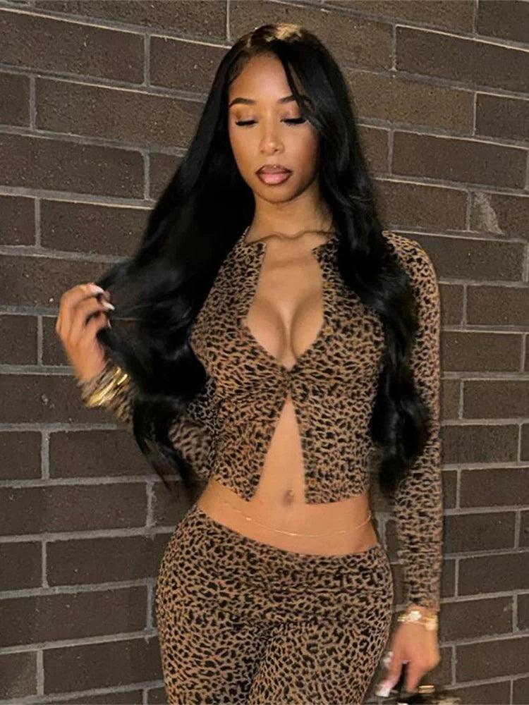 Nibber 2 Piece Set Leopard Print Woman Button-Down Mini Long-Sleeved Top+Cropped Trousers Sexy Comfortable Wild Midnight Suit - So Real Fashion