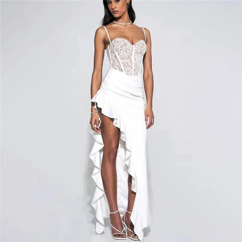 Townlike Ruffles Lace Patchwork Elegant Long Maxi Dress Women Spaghetti Strap 2023 Summer Dress Nightclub Sexy Party Dresses - So Real Fashion