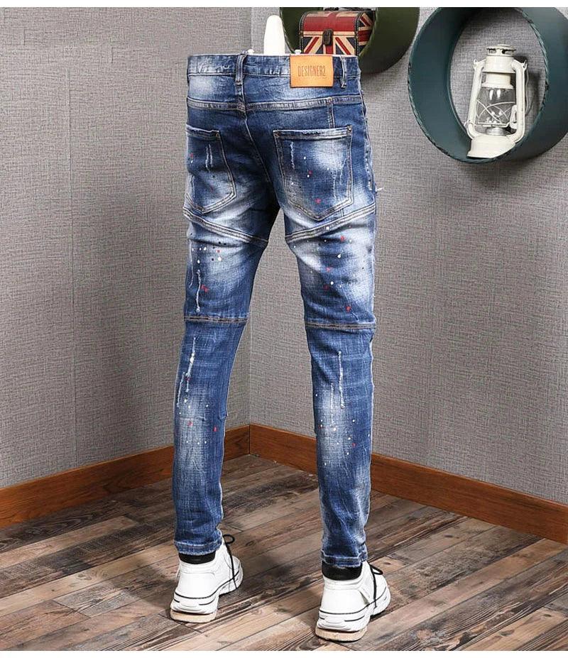 Fashion Streetwear Men Jeans Retro Blue Elastic Slim Fit Ripped Jeans Men Painted Designer Elastic Hip Hop Denim Pencil Pants - So Real Fashion