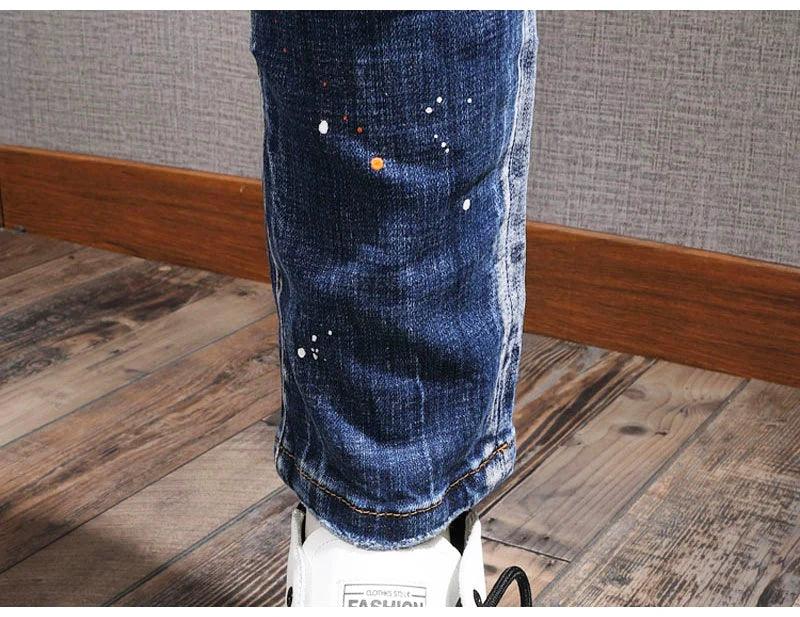 Fashion Streetwear Men Jeans Retro Blue Elastic Slim Fit Ripped Jeans Men Painted Designer Elastic Hip Hop Denim Pencil Pants - So Real Fashion