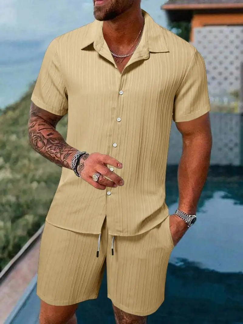 Men's beach suit striped solid color short sleeve shorts shirt Sports casual breathable lightweight high quality men's wear ins - So Real Fashion