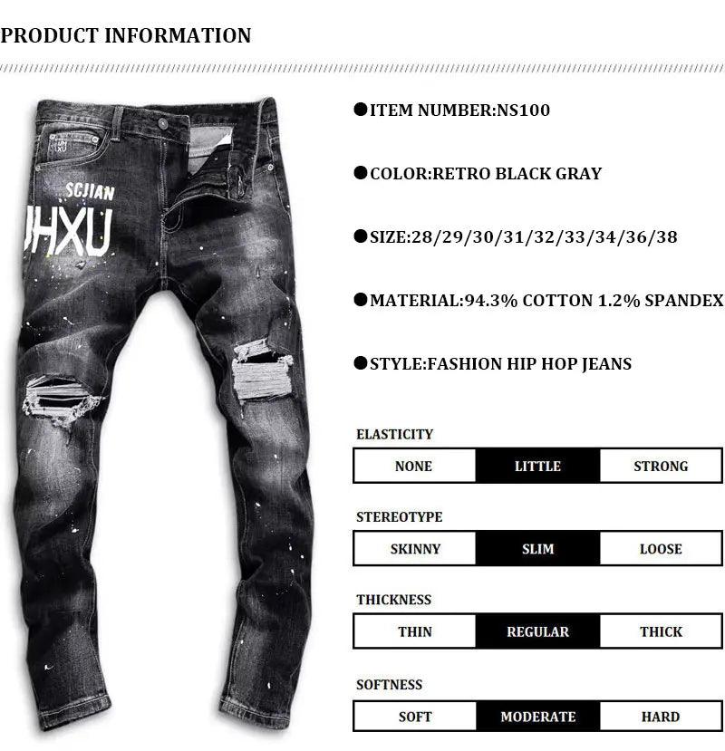 Street Fashion Men Jeans Retro Black Gray Stretch Slim Fit Painted Ripped Jeans Men Printed Designer Hip Hop Denim Pants Hombre - So Real Fashion