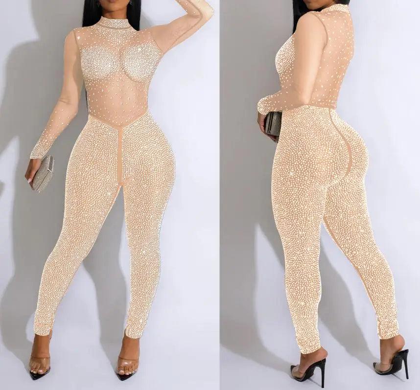 Sexy Party Jumpsuits Women Autumn Solid Mesh Diamond Fashion Long Sleeve Pants Jumpsuit Clubwear Female Overalls Streetwear - So Real Fashion