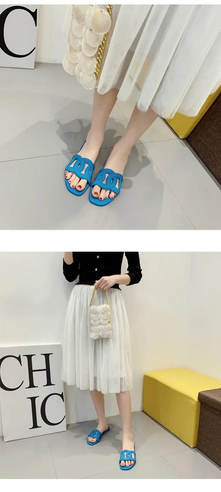 2025 New Women's Slippers Pig Nose Flat Jelly Slippers Women Open Toe One-Word Drag Net Infrared Wear Beach Sandals - So Real Fashion