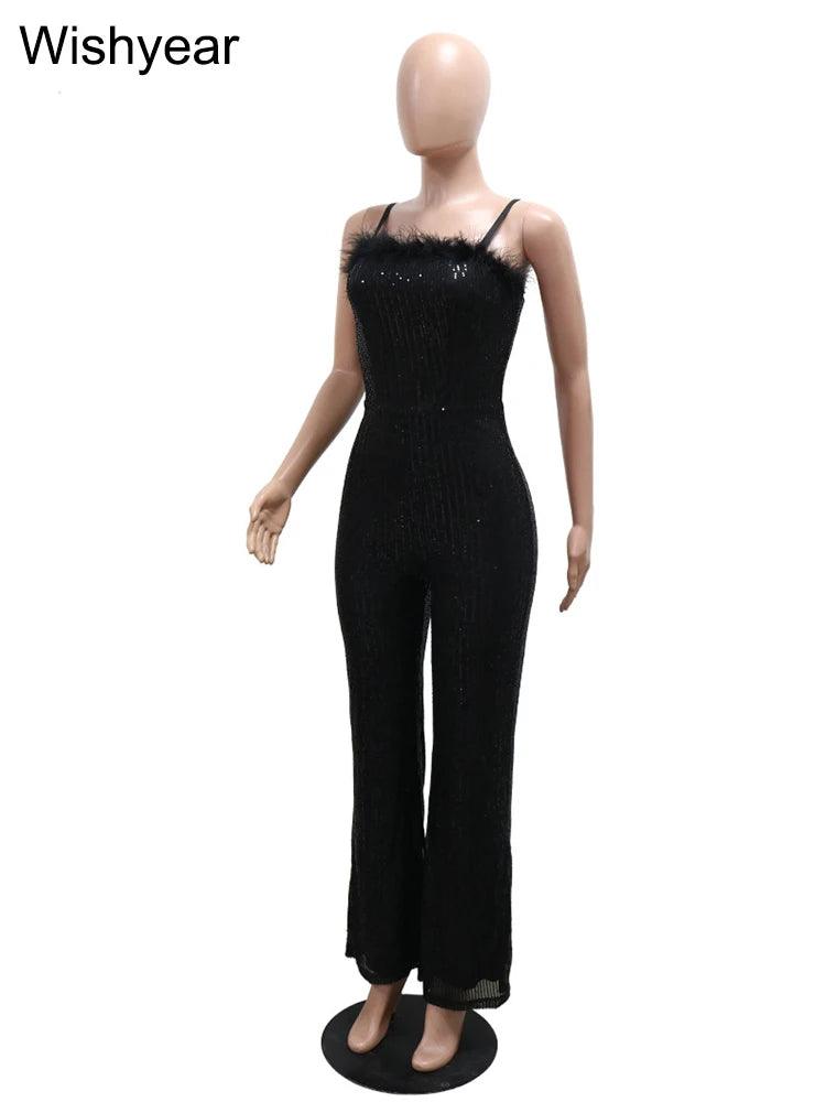 New Elegant Sexy Sequin Feather Patchwork Spaghetti Strap Jumpsuits Women Sleeveless Backless Straight Birthday Rompers Overalls - So Real Fashion