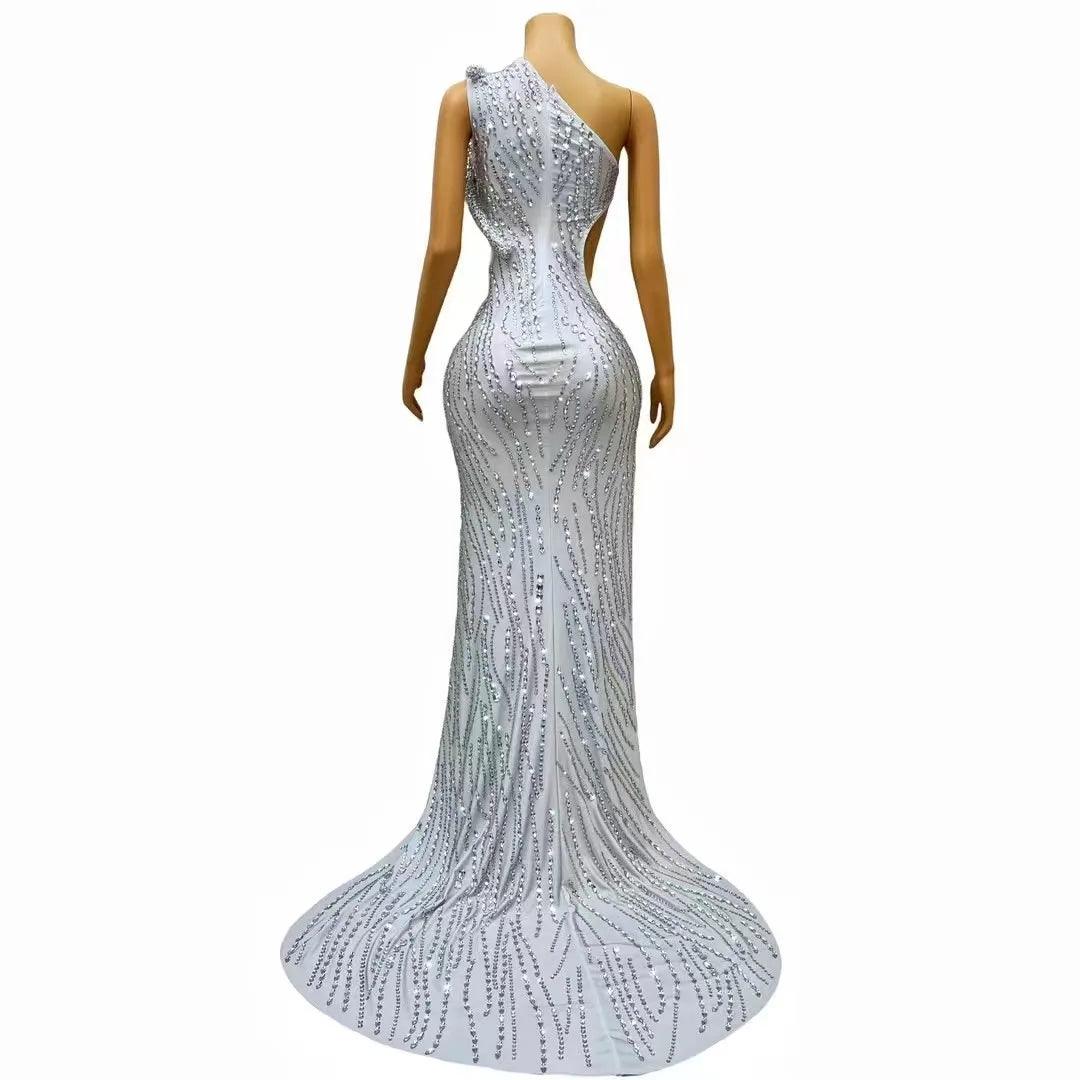 Sexy Stage Luxury Silver Sparkly Rhinestones Split Long Train Dress Wedding Evening Birthday Celebrate Sexy Big Tail Dress - So Real Fashion