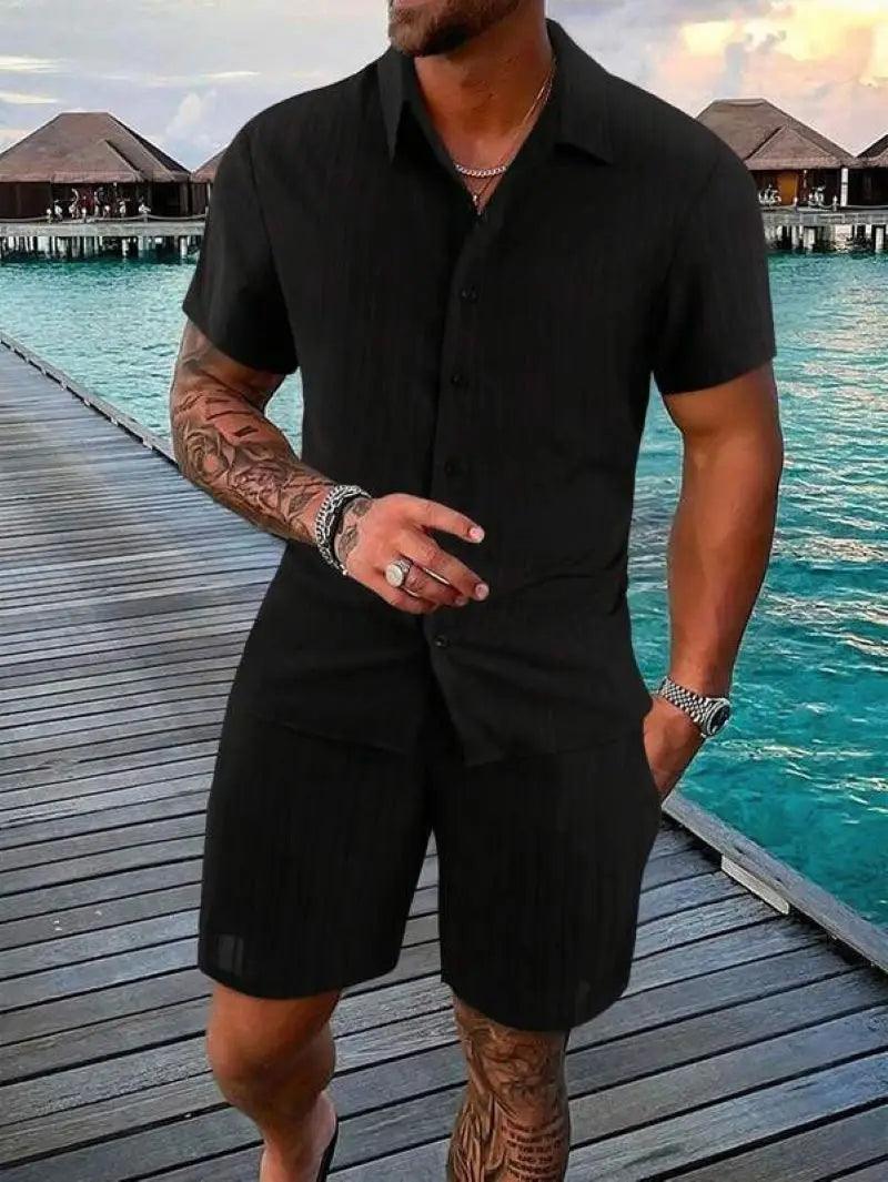 Men's beach suit striped solid color short sleeve shorts shirt Sports casual breathable lightweight high quality men's wear ins - So Real Fashion