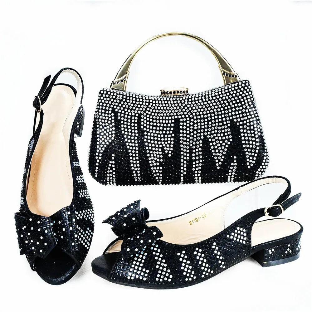 Autumn Fashion PU With Rhinestone Woman Sandal Shoes And Bag Set Elegant Low Heels Shoes And Bag To Match Set For Party - So Real Fashion