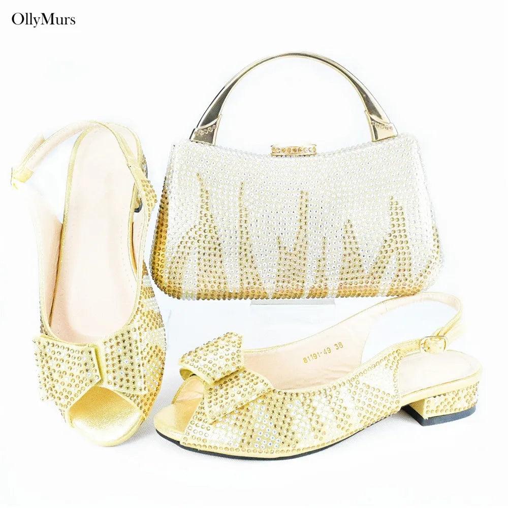 Autumn Fashion PU With Rhinestone Woman Sandal Shoes And Bag Set Elegant Low Heels Shoes And Bag To Match Set For Party - So Real Fashion