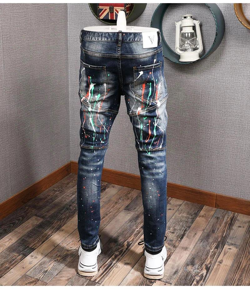 Fashion Streetwear Men Jeans Retro Blue Elastic Slim Fit Ripped Jeans Men Painted Designer Elastic Hip Hop Denim Pencil Pants - So Real Fashion