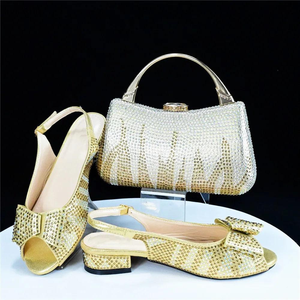 Autumn Fashion PU With Rhinestone Woman Sandal Shoes And Bag Set Elegant Low Heels Shoes And Bag To Match Set For Party - So Real Fashion