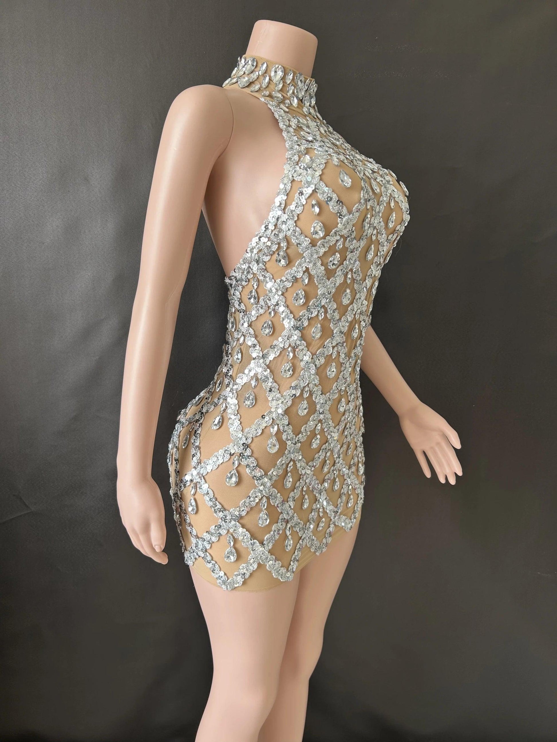 Women Sexy Stage Shining Rhinestone Sequins Dress Evening Prom Birthday Dress Transparent Performance Singer Club Host Dress 7G - So Real Fashion