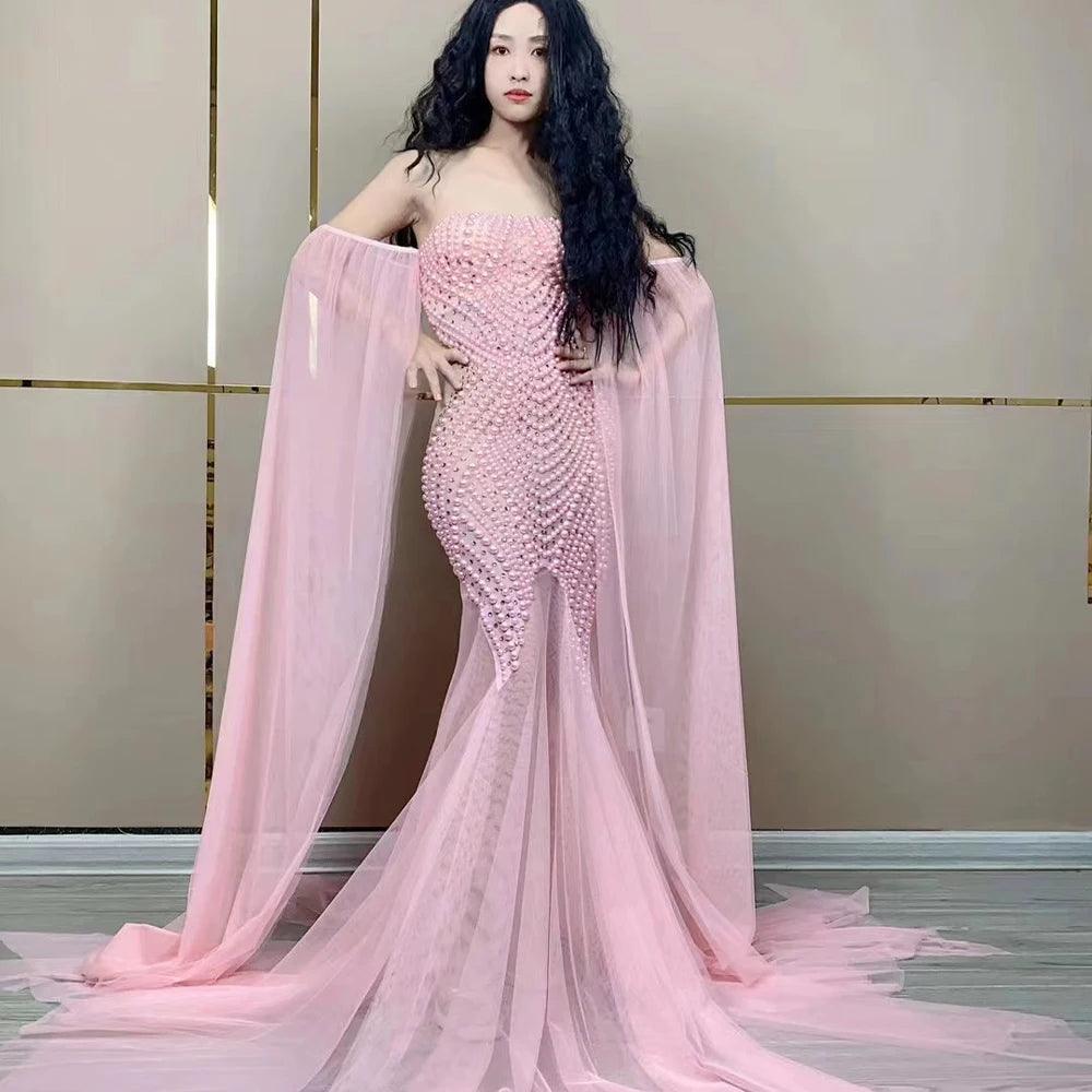 Sexy Stage Pink Mesh Pearls Dress Women Dance Costumes Birthday Bar Nightclub Party Dress Female Singer Performance Stage Outfit - So Real Fashion