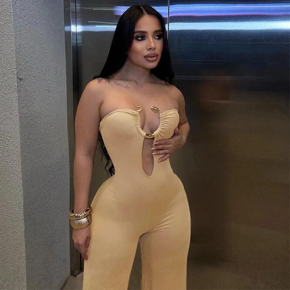 Women Sleeveless Strapless Hollow Out Long Jumpsuits Party Metallic Night Club Casual Streetwear Backless Jumpsuit Rompers - So Real Fashion