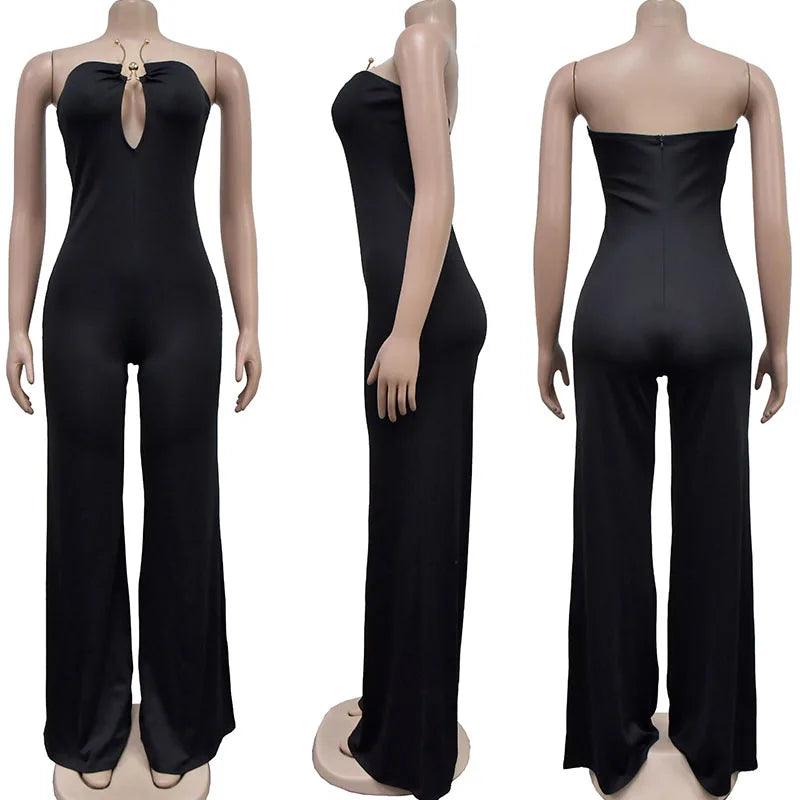 Metal Ring Tube Strapless Wide Leg Overall Jumpsuit Women Elegant Sleeveless Backless Rompers Night Club Party Birthday Outfits - So Real Fashion