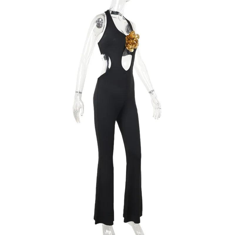 Women Halter Neck Gold Flower Black Jumpsuits Sexy Sleeveless Bandage Backless Hollow Out Flare Pants Evening Party Overalls - So Real Fashion