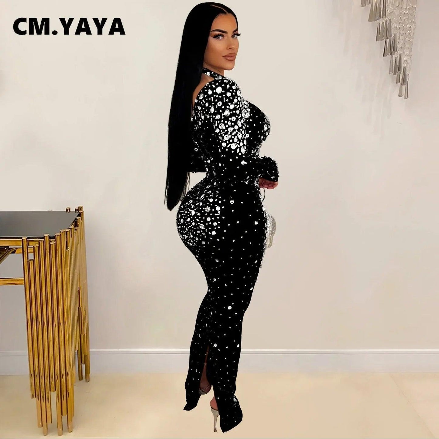 Women Long Sleeve Mesh Diamonds Hot Rhinestones Bodycon Midi Dress Women’s Maxi Long Evening Birthday Dresses - So Real Fashion