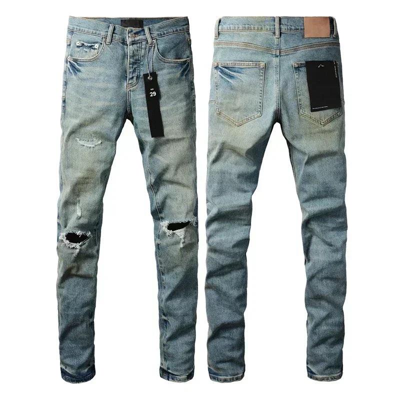 Purples Jeans Men denim pants distressed slim fitting paint brands Fashion Repair Low Rise Skinny Denim pants - So Real Fashion