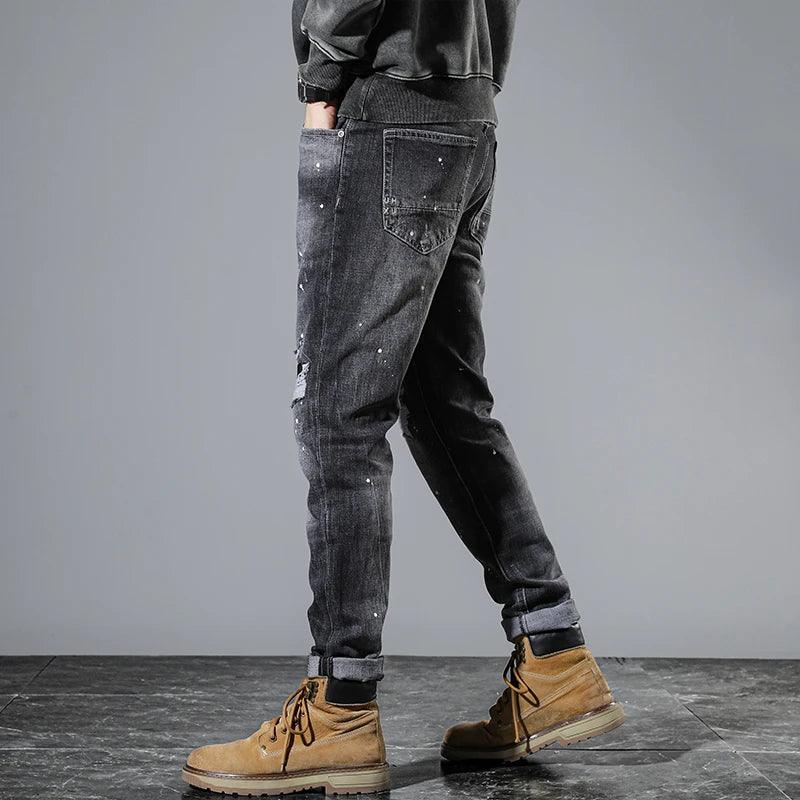 Ripped Jeans Men Black Gray Slim Stretch Hip Hop Denim Pants Moto Patch Distressed Trousers Man Grunge Letters Original Designer - So Real Fashion