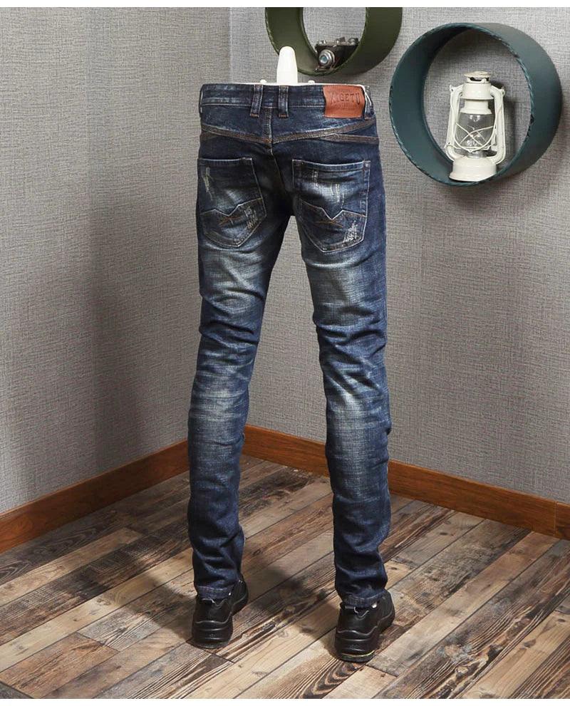 Newly Designer Fashion Men Jeans Retro Blue Elastic Slim Fit Ripped Jeans Men Italian Style Vintage Casual Denim Pants Hombre - So Real Fashion