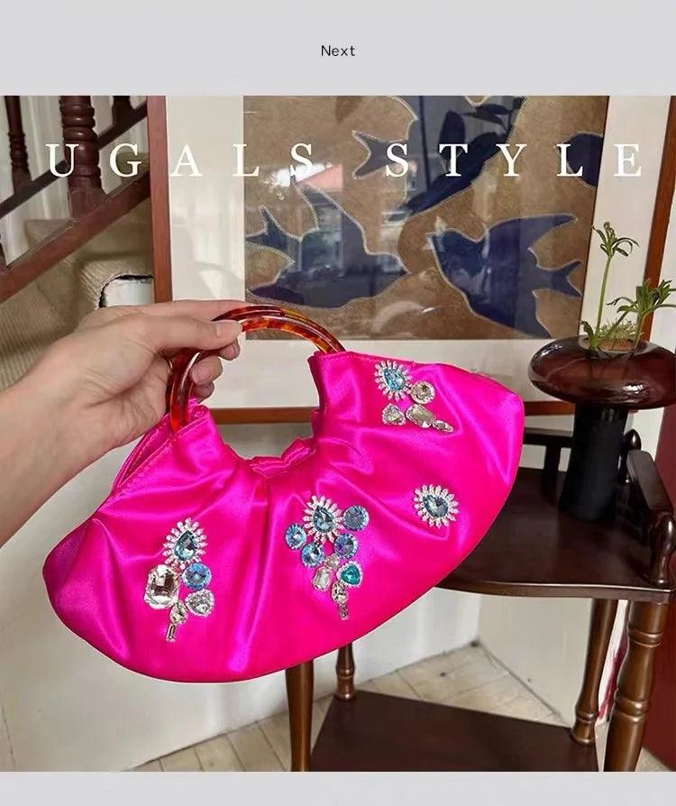 Acrylic Handle Pleated Cloud Bag Fashion Women Handbag Soft Satin Crystal Shiny Diamonds Evening Bag Wedding Party Clutch Purse - So Real Fashion