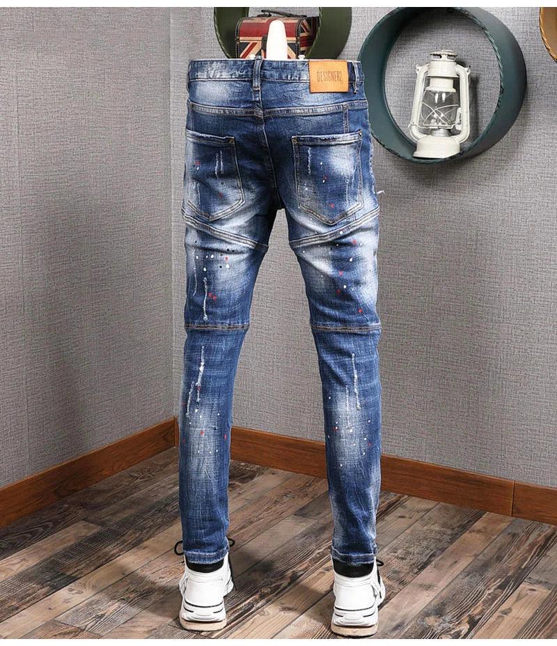 Fashion Streetwear Men Jeans Retro Blue Elastic Slim Fit Ripped Jeans Men Painted Designer Elastic Hip Hop Denim Pencil Pants - So Real Fashion