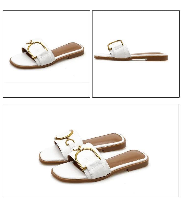 Summer Women Slippers Leather Square Toe Women Flats Flip Flops Designer Ladies Slides Sandals Women Shoes Luxury Sandals - So Real Fashion