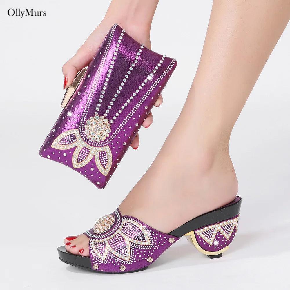 High Quality Italian Rhinestone Purple Color Shoes And Bags Set Fashion Slipper Pumps Woman Shoes And Bag To Match Set For Party - So Real Fashion