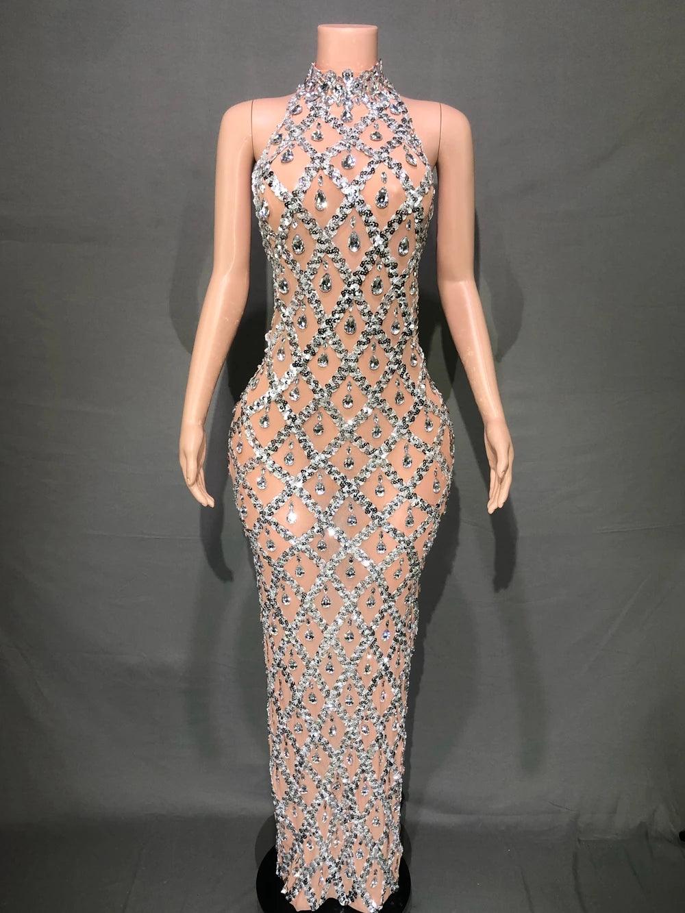 Sexy Mesh Celebrate Evening Wedding Prom Gown Birthday Dress Photograph Wear Sparkly Silver Sequins Rhinestones Sleeveless Dress - So Real Fashion