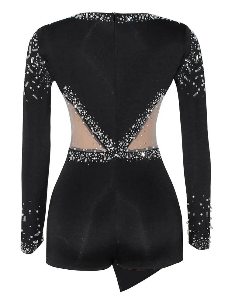 Women Sexy Rompers V-Neck Mesh Rhinestone Skinny Long Sleeve Playsuits - So Real Fashion