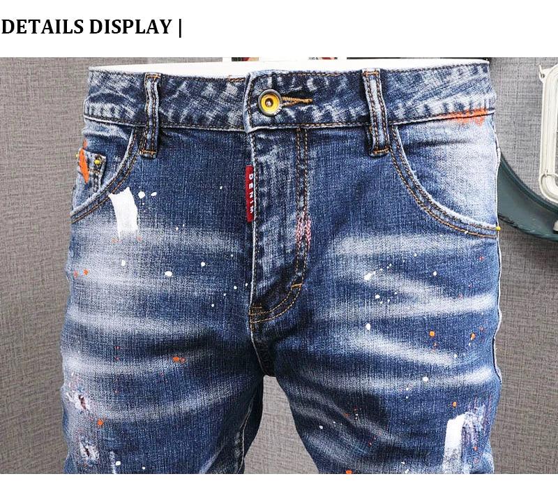 Fashion Streetwear Men Jeans Retro Blue Elastic Slim Fit Ripped Jeans Men Painted Designer Elastic Hip Hop Denim Pencil Pants - So Real Fashion