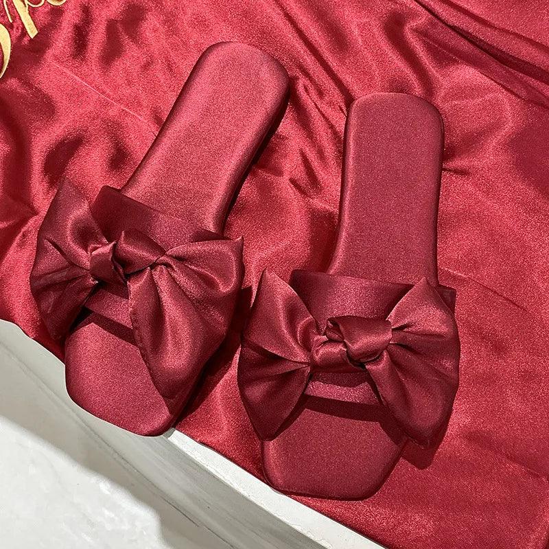 Luxury Women Peep Toe Bedroom Home Sandals Satin Bride Bridesmaid Wedding Shoes New Wedding Slippers With Silk Big Bow - So Real Fashion