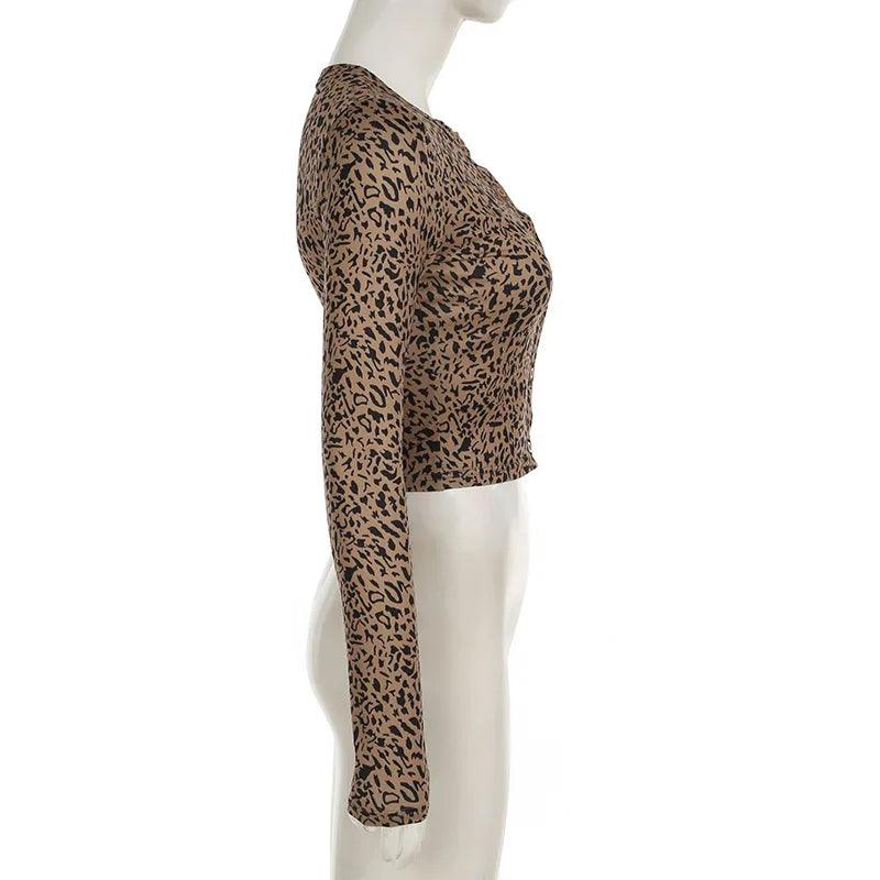 Nibber 2 Piece Set Leopard Print Woman Button-Down Mini Long-Sleeved Top+Cropped Trousers Sexy Comfortable Wild Midnight Suit - So Real Fashion