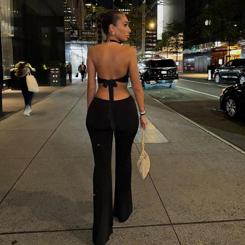 Women Halter Neck Gold Flower Black Jumpsuits Sexy Sleeveless Bandage Backless Hollow Out Flare Pants Evening Party Overalls - So Real Fashion