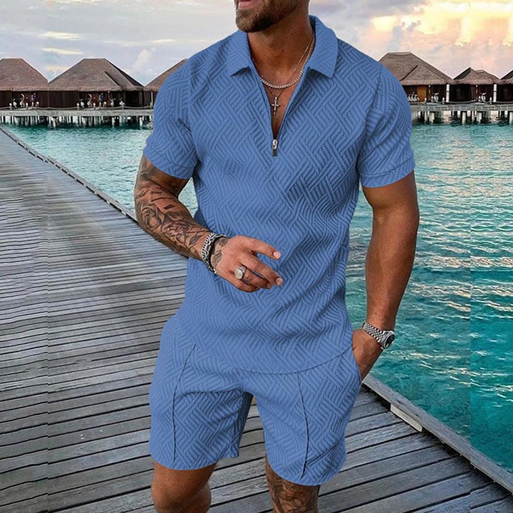 Men's Athletic T-Shirt Set Casual Mesh Lapel Short Sleeve Pullover Tops+Shorts 2-Piece Male Solid Thin Sporty Suits Black Zipper - So Real Fashion