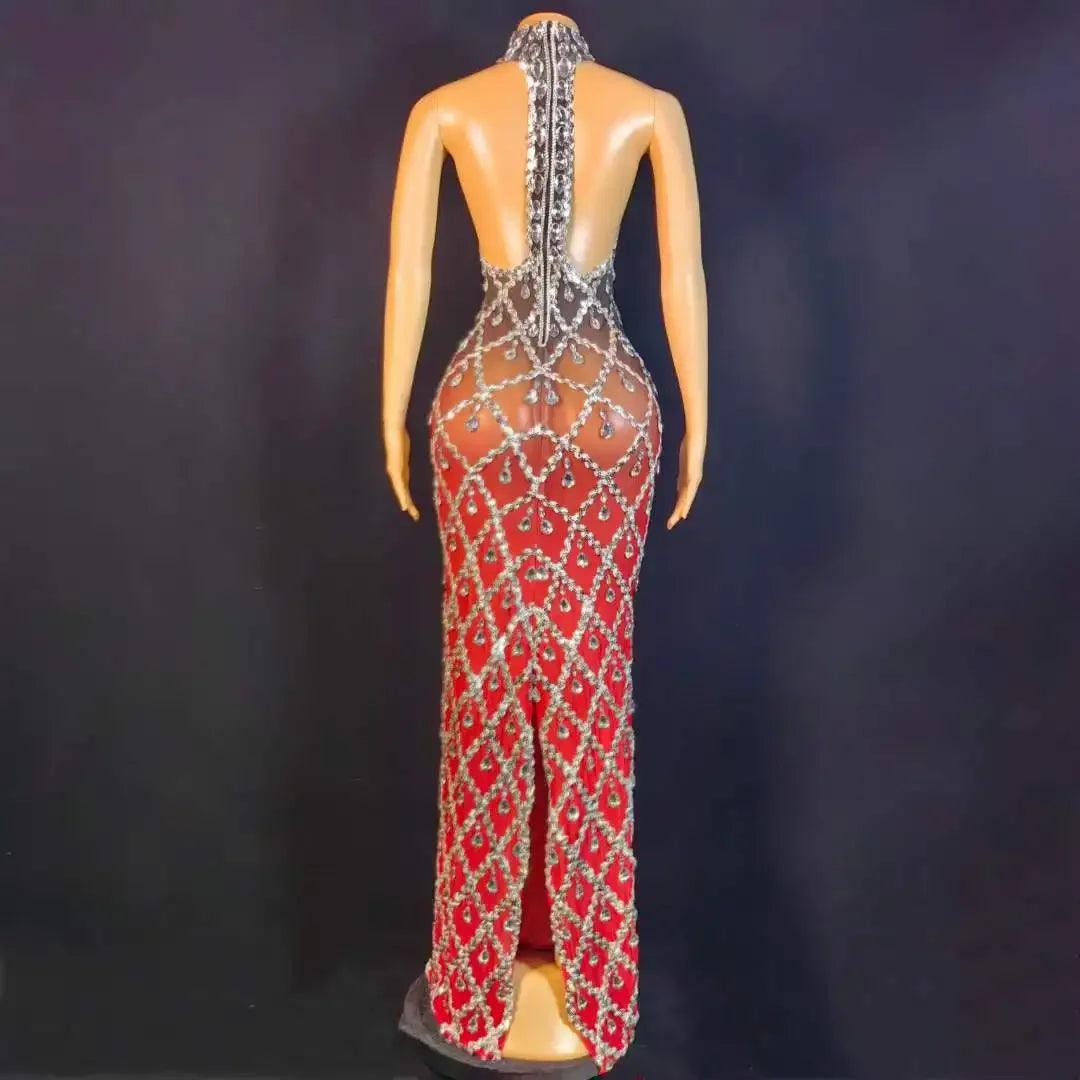 Black Red Gradient Color Sleeveless Women Long Dress Elegant Birthday Party Evening Dresses Full Rhinestone Drag Queen Outfit - So Real Fashion