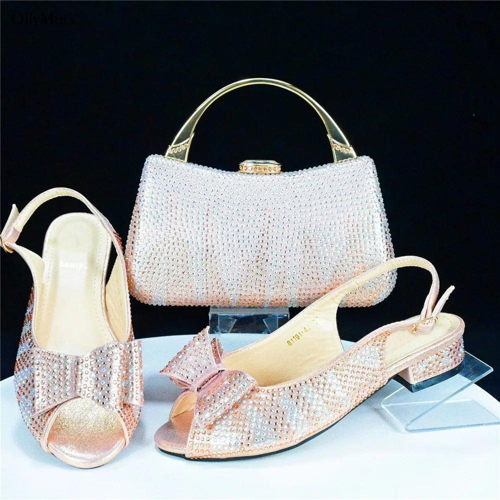 Autumn Fashion PU With Rhinestone Woman Sandal Shoes And Bag Set Elegant Low Heels Shoes And Bag To Match Set For Party - So Real Fashion