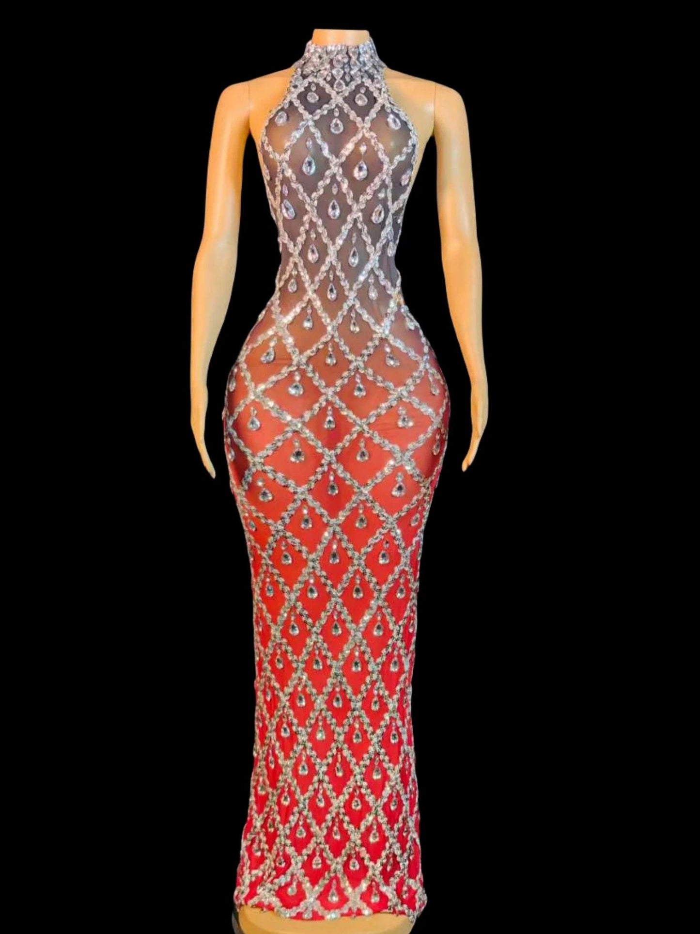 Black Red Gradient Color Sleeveless Women Long Dress Elegant Birthday Party Evening Dresses Full Rhinestone Drag Queen Outfit - So Real Fashion