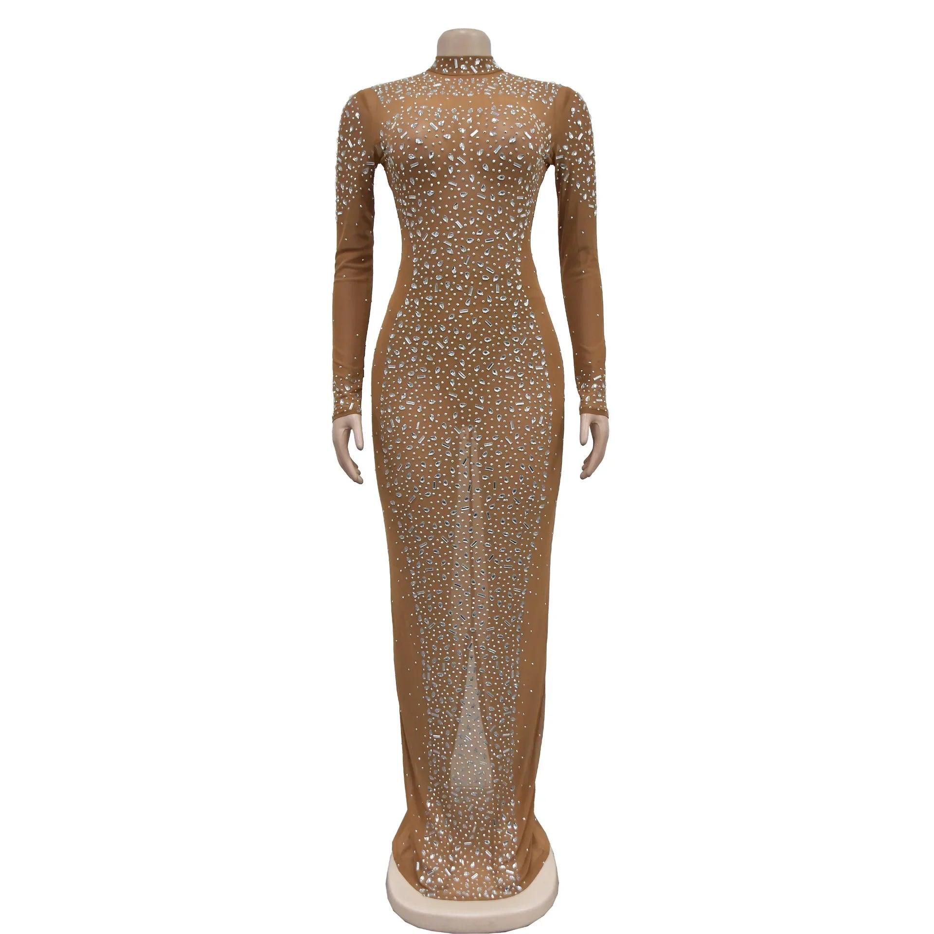 Women Long Sleeve Mesh Diamonds Hot Rhinestones Bodycon Midi Dress Women’s Maxi Long Evening Birthday Dresses - So Real Fashion