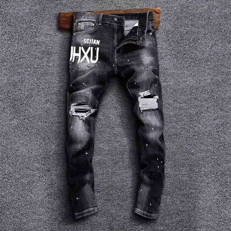 Street Fashion Men Jeans Retro Black Gray Stretch Slim Fit Painted Ripped Jeans Men Printed Designer Hip Hop Denim Pants Hombre - So Real Fashion