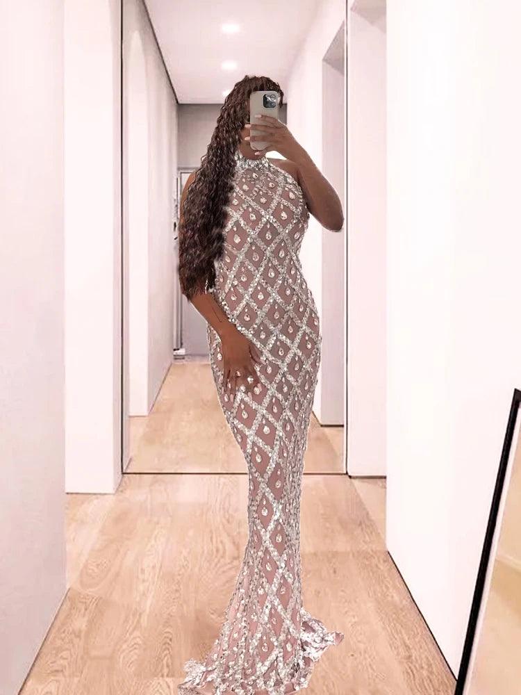 Luxury Rhinestones Sleeveless Long Dress Elegant Stretch Mesh Celebrate Evening Wedding Prom Gown Birthday Dress Photograph Wear - So Real Fashion