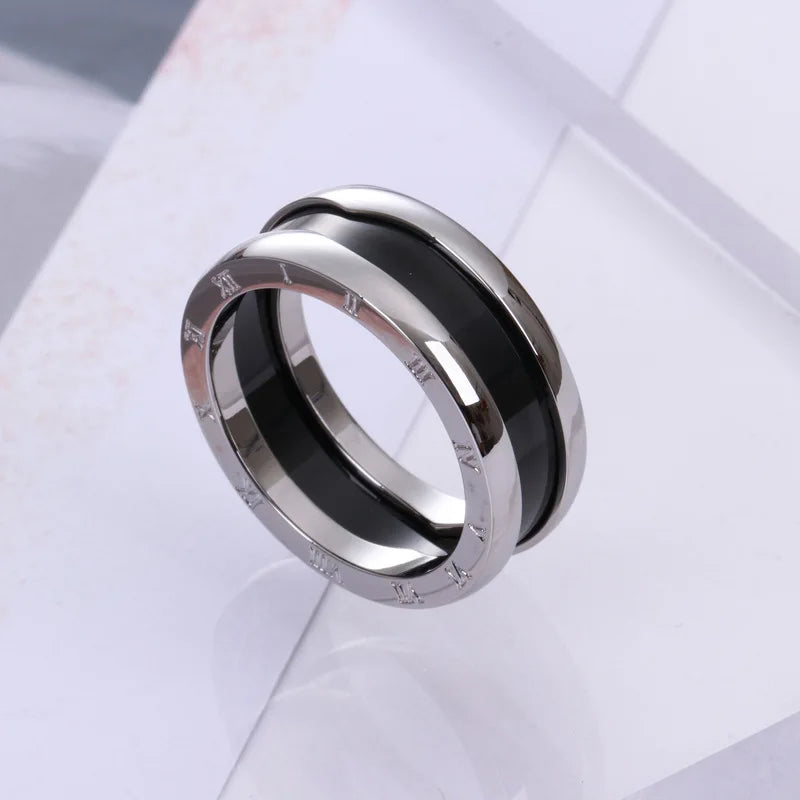 Roman Numeral Ring for Women Men Black Ceramics 18KGP Rose Gold Silver Color Stainless Steel Charm Jewelry (R010)